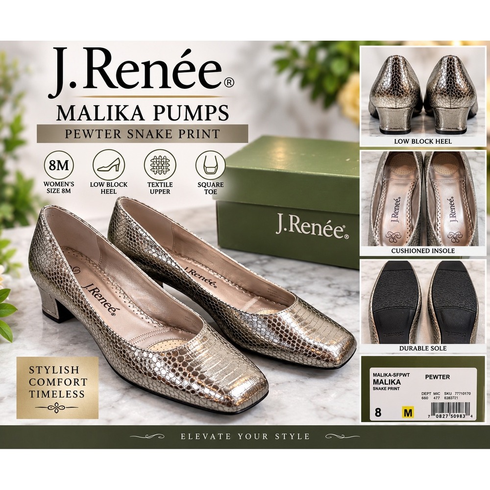 J. Renee Malika Pumps Pewter Snake Print Square Toe Low Block Heel Shoes 8M